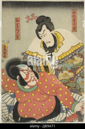 Die Schauspieler Ichikawa Ebizo V als Goshogun Kanki und Ichikawa Danjuro VIII als Watonai Sankan im Stück "Kokusanya Kassen" traten im fünften Monat, 1850, 1850, im Nakamura Theater auf. Stockfoto