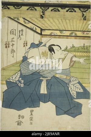 Der Schauspieler Seki Sanjuro II als Sasaki Saemon im Stück "Higashiyama-dono Kabuki no Danmaku" trat im dritten Monat, 1818. 1818, im Nakamura Theater auf. Stockfoto