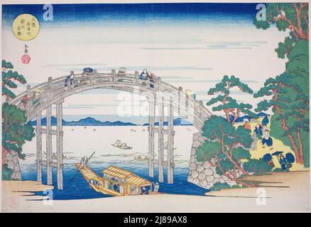 Die Steinbrücke über den Aji-Fluss in der Nähe von Nii Hill, Osaka (Osaka Ajigawa Niiyama ishibashi), aus der Serie "Famous Places in Osaka: Fine Views of Mount Tenpo (Naniwa meisho Tenpozan shokei ichiran)", c. 1834. Stockfoto