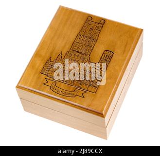 Souvenir hölzerne Juwelierbox von Ely Cathedral, Großbritannien Stockfoto
