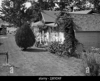 [Ohne Titel, möglicherweise verwandt mit: Washington, Yakima Valley, in der Nähe von Wapato. Ein Mandantenkaufprogramm (Farm Security Administration)-Kunde, Jacob N. Schrock. Diese Familie mit acht Kindern hatte fünfundzwanzig Jahre lang auf einem felsigen, gemieteten Bauernhof in diesem Tal gelebt. Sie besitzen nun achtundvierzig Morgen gutes Land, dieses gute Haus, Preis sechstausendsiebzig hundert und siebzig Dollar. Sie heben Heu, Getreide, Milchprodukte und Schweine. Mrs. Schrock sagt: „Ziemlich viel Unterschied zwischen diesem alten Felshaufen und hier herum.“]. Stockfoto