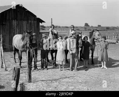 Washington, Yakima Valley, in der Nähe von Wapato. Ländliche Rehabilitation (Farm Security Administration). Chris Adolf, seine Frau, sechs ihrer acht Kinder und seine Teams. Stockfoto