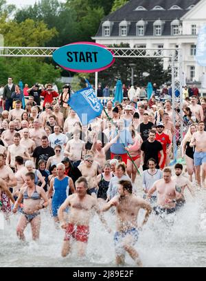 14. Mai 2022, Schleswig-Holstein, Lübeck-Travemünde: Badebegeisterte eröffnen im Ostseebad Travemünde die Saison mit einem gemeinsamen Lauf in die Ostsee und einem kurzen anschließenden Bad. Foto: Markus Scholz/dpa Stockfoto