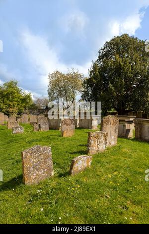 Flechten bedeckten aufrechte Grabsteine im Kirchhof der St. Cyriac's Church, Lacock Village, Cotswolds, England, Vereinigtes Königreich. Stockfoto