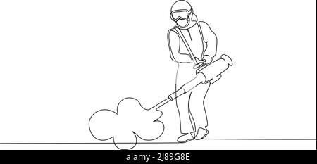 Mann in Hazmat Anzug Desinfektion Coronavirus. Virus desinfizieren Schutzkonzept. 2019-nCoV-Pandemie. Fortlaufende Vektordarstellung mit einer Linie Stock Vektor