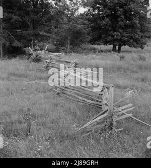 Schienenzaun mit schlechtem Stacheldrahtzaun im Vordergrund. Notieren Sie sich die Telefonleitung. Person County, North Carolina. Stockfoto