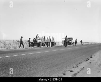 In Der Nähe Von Los Banos, Kalifornien. Wanderarbeitnehmer in der Landwirtschaft. Baumwollhosen verlassen das Feld am Ende des Tages. Löhne 20 Cent pro Stunde]. Stockfoto