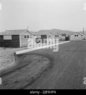 Zeigt eine neue Art von Holzunterkünften für Wanderarbeiter. Lager der FSA (Farm Security Administration). In der Nähe von McMinnville, Oregon. Stockfoto