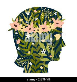 Bunte blühende Blumen, Schmetterling und grüne Pflanzen im abstrakten Mädchenkopf. Cartoon Frau mit gesunden Selbstpflege Gewohnheiten Wohlbefinden flache Vektor-Illustration. Akzeptanz, Konzept der psychischen Gesundheit Stock Vektor