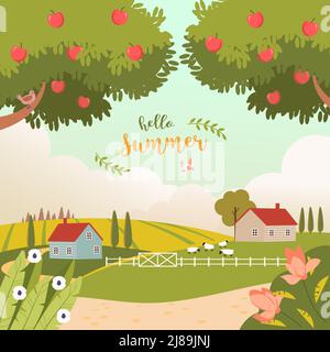 Sommerlandschaft mit Häusern, Bäumen und Schafen. Schöne ländliche Natur. Blick auf die Landschaft. Niedliche Vektor-Illustration von schönen Feldlandschaft mit grünen Hügeln, Himmel in flachem Stil. Stock Vektor