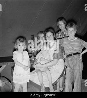 Sechsköpfige Familie im Zelt nach dem Abendessen. Kam zur Kartoffelernte, nachdem Vater von der WPA (Work Projects Administration) in Boise, Idaho, entlassen wurde. Das älteste Kind ist zwölf. Kleiner Junge hat Ruhr. Merrill, Klamath County, Oregon. In der mobilen Einheit der FSA (Farm Security Administration). Stockfoto