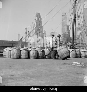 New York, New York. Fässer mit Fisch an den Docks am Fulton Fischmarkt, bereit für den Versand an Einzelhändler. Stockfoto