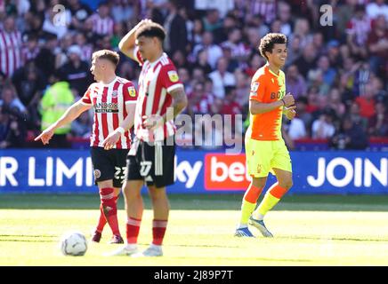 Brennan Johnson (rechts) von Nottingham Forest feiert das zweite Tor des Spiels ihrer Seite, während Ben Osborn (links) von Sheffield United und Morgan Gibbs-White während des Play-off-Halbfinalspiels in der Bramall Lane, Sheffield, in der Sky Bet Championship depriziert wirken. Bilddatum: Samstag, 14. Mai 2022. Stockfoto