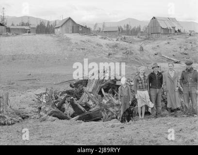 Die Familie Unruf, der Baumstumpf und ihre teilweise entwickelte Farm. Boundary County, Idaho. Stockfoto