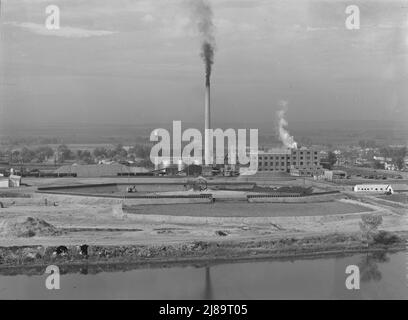Zuckerrübenfabrik entlang des Snake River. Zeigt Rübenabzug, Rübenhaufen. Nyssa, Malheur County, Oregon. Stockfoto