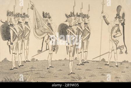 Graf de Rochambeau, französischer General der Landstreitkräfte in Amerika, der die französischen Truppen überprüft, 1. April 1781. Stockfoto