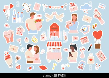 Liebe, romantische Kollektion Vektor Illustration Aufkleber Pack Set. Menschen in der Liebe, Umarmung oder Senden von Liebesbotschaften, Blumen, niedliche Geschenke Elemente für Scrapbook. Valentinstag, Romantik-Konzept Stock Vektor