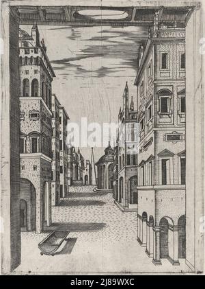 Entwurf für ein Bühnenbild, das einen perspektivischen Blick auf eine ideale Renaissance-Stadt, ca. 1550-60. Stockfoto