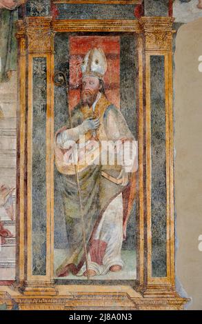 S. Cipriano - affresco - pittore lombardo del XVI secolo - Cornello Tasso (BG) ,Italia,chiesa dei SS. Cornello, Cipriano und Antonio da Padova Stockfoto