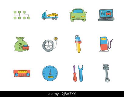 Autoservice von Hand gezeichnete lineare Vektor-Symbole Stock Vektor