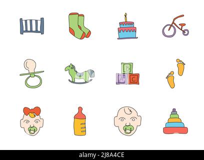Baby handgezeichnete lineare Vektor-Symbole Stock Vektor