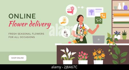 Professionelle Florist hält einen Blumenstrauß und nimmt Bestellungen online, Blumenlieferung Werbebanner Stock Vektor