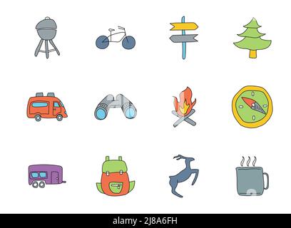 Camping-Kritzeleien isoliert auf Weiß. Stock Vektor