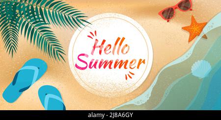 Hallo Sommerbanner mit Kopierplatz, Strand mit Palmen, Accessoires und Wasserwellen, Draufsicht Stock Vektor