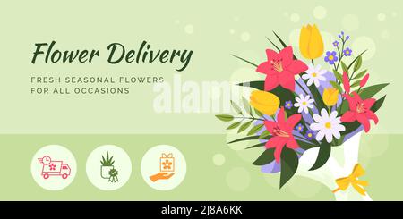 Blumenversand für besondere Anlässe, Werbebanner mit schönem Blumenstrauß und Icons Set Stock Vektor