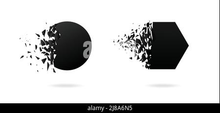 Schwarzes Hexaeder, Kreis mit Explosionswirkung auf weißem Hintergrund mit Trümmern. Vektor Stock Vektor