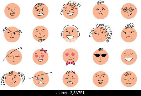 Cartoon nette und lustige Gesichter mit positiven und negativen Emotionen. Comic-Karikaturfiguren mit Augen und Mund. Handgezeichnetes Mimik-Set. Stock Vektor