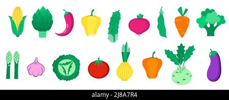 Set von Bio-Gemüse isoliert auf weißem Hintergrund. Gesunder Lebensstil. Vektorgrafik im flachen Stil. Stock Vektor