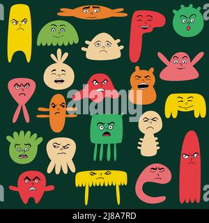 Cartoon nette und lustige Gesichter mit positiven und negativen Emotionen. Comic-Monster-Charaktere mit Augen und Mund. Handgezeichnetes Mimik-Set. Vec Stock Vektor