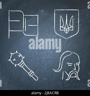 Kreidetafel Ukraine nationale Symbole Icon-Set. Ukrainische Flagge und Wappen. Vektorgrafik. Stock Vektor