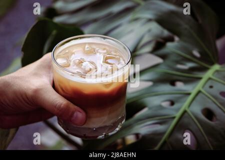 Hand halten Eis Latte Kaffee in einem hohen Glas. Kalten Sommergetränk mit grünem Hintergrund Natur Stockfoto