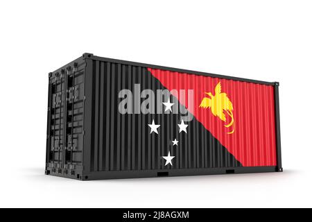 Frachtcontainer mit Flagge von Papua-Neuguinea strukturiert. Isoliert. 3D Rendering Stockfoto