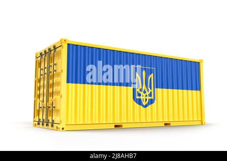 Frachtcontainer strukturiert mit Flagge der Ukraine mit Wappen. Isoliert. 3D Rendering Stockfoto