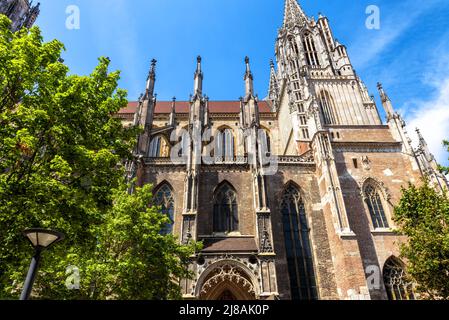 Ulmer Dom im Sommer, Deutschland, Europa. Es ist das Wahrzeichen der Stadt Ulm. Szenerie der verzierten Fassade der alten gotischen Kirche, mittelalterliches Gebäude in der Stadt Ulm Stockfoto