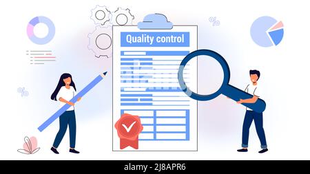 Qualitätskontrolle und Produktzufriedenheit Research Check Controlling Business iso-Standard-Zertifikat akzeptieren Validierungsdokumente Inspektionsfehler oder Stock Vektor