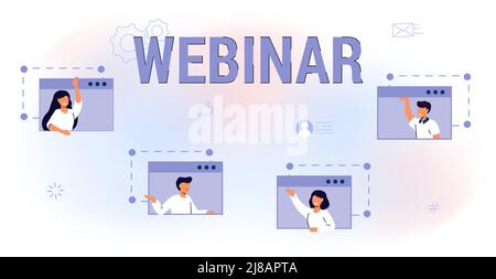 Online-Webinar Videokonferenz Fernkommunikation mit entferntem Live-Videocall Chat-Nachrichten Gespräch Gespräch oder virtuelle digitale Meeting-Elemente V Stock Vektor