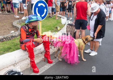 Maspalomas, Gran Canaria, Kanarische Inseln, Spanien, 14.. Mai 2022. Nachtschwärmer genießen die Maspalomas Pride Parade 2022 auf Gran Canaria, einer der größten Europas. Rund 80.000 Menschen sollen an der Veranstaltung teilnehmen. Quelle: Alan Dawson/Alamy Live News Stockfoto