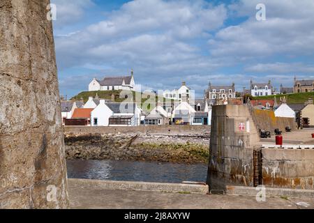 14 Mai 2022. Findochty, Moray, Schottland. Dies ist eine Szene im Hafengebiet des Moray Fishing Village an einem sonnigen Nachmittag. Stockfoto