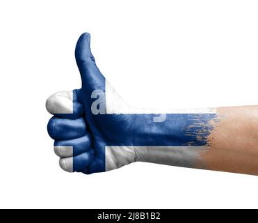 Hand machen Daumen nach oben gemalt mit Flagge von finnland Stockfoto