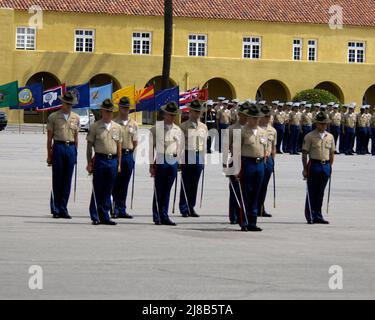 Die Drill-Instruktoren stehen während einer Abschlusszeremonie im Marine Corps Recruit Depot, San Diego, zur Verfügung. Stockfoto