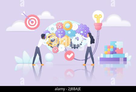 Teamarbeit von Geschäftsleuten mit Zahnrad und Zahnrad, um Ideen zu generieren. Kleine Mitarbeiter arbeiten mit Mechanismus, Engineering, bewegliche Räder flache Vektor-Illustration. Produktivität, Management-Konzept Stock Vektor