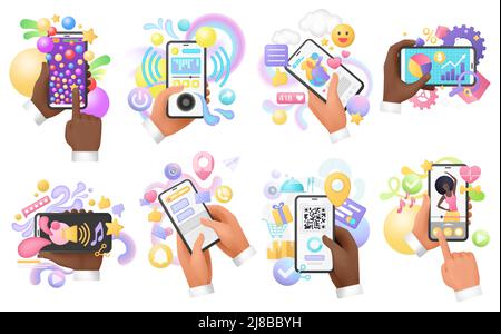 3D Hände von Menschen halten Mobiltelefone eingestellt Vektor-Illustration. Arme nutzen Smartphones und hören Musik, schreiben Chat-Nachrichten, kaufen mit QR-Code, arbeiten mit weißen, isolierten Geschäftsinformationen Stock Vektor