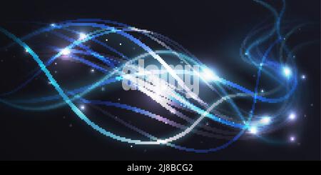 Abstrakt glänzend leuchtende blaue Wellen Linien, helle Lichteffekt Vektor-Illustration. Magische Neon wirbeln Spiralspuren fliegender Bewegung, sich bewegende, glühende, wellige Energieformen auf dunkelschwarzem Hintergrund Stock Vektor