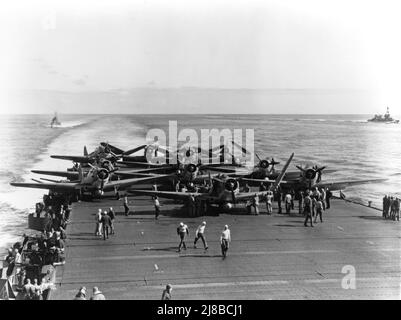 Douglas Devastator Torpedobomber an Deck auf der USS Enterprise im Zweiten Weltkrieg, Battle of Midway. Stockfoto