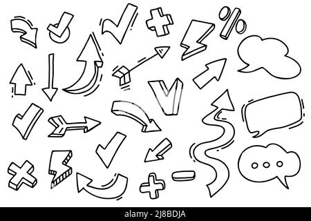 Pfeil-Elemente-Set. vektordarstellung. Symbole und Zeichen, unterschiedlich geformte Pfeile und Luftblasenwolke in linearem, handgezeichneten Doodle-Stil. Für Skizze Stock Vektor