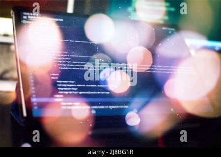 Nahaufnahme des Funktionsquellcodes überwachen. Abstrakter IT-Technologiehintergrund. Softwarequellcode. Stockfoto